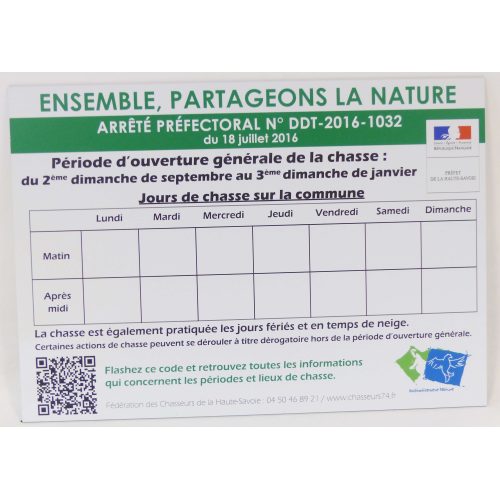 Panneau « jours de chasse » A3 aluminium